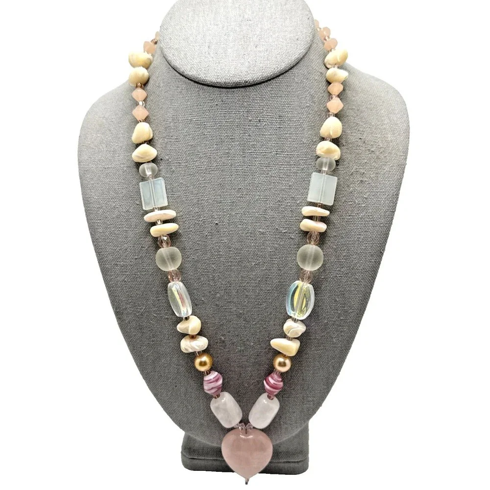 Rose Quartz Heart Pendant Necklace Stone Shell Glass Beaded Boho Statement 24